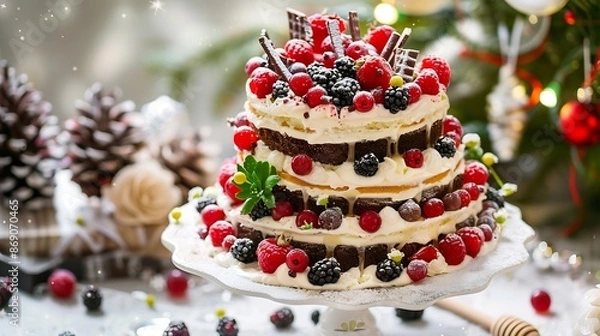Fototapeta The christmas treeshaped layer cake is decorated with fresh berries chocolate and flowers The cake with cheese cream and honey cakesCake with fresh berries Dessert : Generative AI