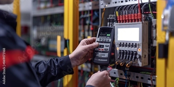 Fototapeta A worker inspects an electrical panel using a measuring device to ensure proper functioning of the electrical components, highlighting precision and safety in electrical work.