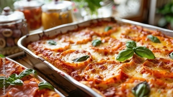 Obraz Sumptuous Italian Feast with Homemade Pizza Pasta Charcuterie and Decadent Tiramisu