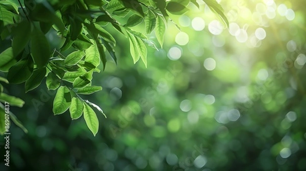 Fototapeta Green Leaves on Bokeh Background with Copy Space