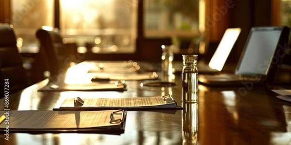 Fototapeta Corporate conference room set up for a meeting with scattered documents, eyeglasses, and an open laptop, illuminated by soft natural light filtering through large windows, suggesting readiness for di