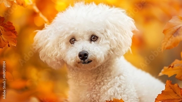 Fototapeta Closeup portrait of a Bichon Frise dog capturing the essence of autumn in a delightful stock photo The fluffy white coat of the dog contrasts beautifully with the warm hues of the fall : Generative AI