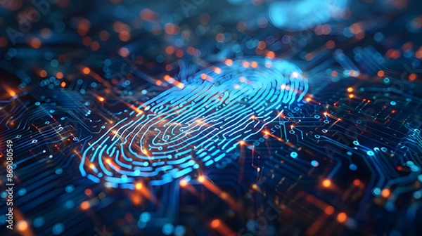 Obraz futuristic digital processing of biometric fingerprint scanner. concept of surveillance and security scanning of digital programs and fingerprint biometrics
