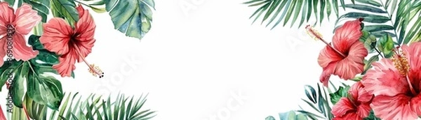Fototapeta Tropical Floral Border with Red Hibiscus Flowers and Green Leaves on White Background