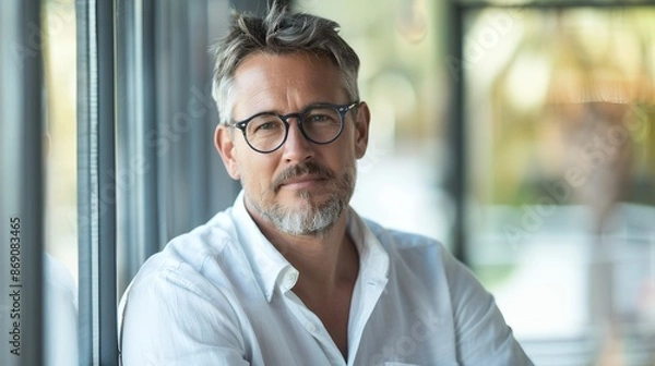 Obraz Portrait of a handsome middle aged man with glasses and a goatee in a casual white shirt looking at the camera, relaxing by a window, sitting in front of a glass wall indoors with copy space. Portrait