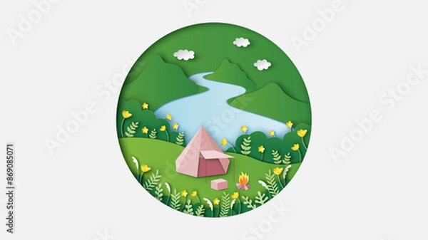 Fototapeta Lonely camping in the Spring forest. Solo camping in Spring. Spring landscape. Lake landscape. paper cut and craft style. vector, illustration.