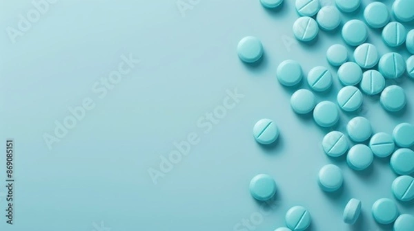 Fototapeta Medication Pills on Light Blue Background with Copy Space
