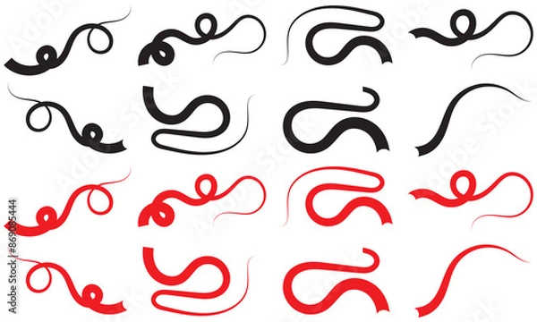 Fototapeta Red and black squiggle brush scribble underline. Marker pen emphasis highlight red swoosh stroke. Vector swoosh brush underline set for accent, marker emphasis squiggle element. Vector. EPS 10