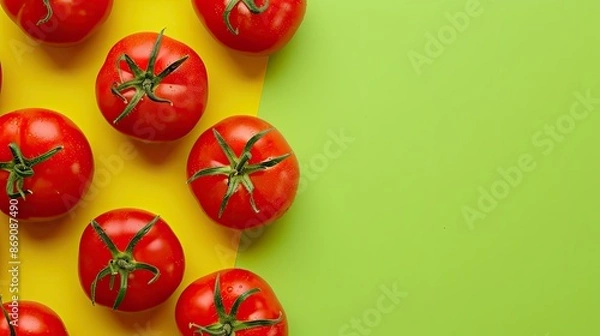 Obraz Creative design template against green backdrop, showcasing flat lay of ripe tomatoes on yellow countertop.