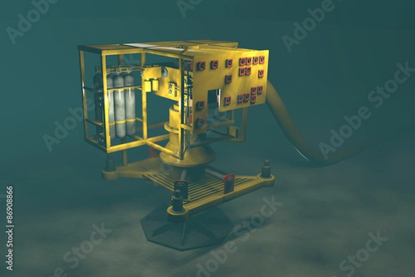 Fototapeta Wysokiej jakości renderowanie 3D podwodnego odwiertu ropy i gazu. Fikcyjny sprzęt naftowo-gazowy. Mętna woda dla podkreślenia głębi i rozmyty obraz dla dramatycznego efektu.