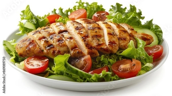Fototapeta Juicy grilled chicken breast and fresh mixed salad, isolated on white for appetizing and wholesome meal concepts.