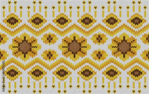 Fototapeta Knitted pattern seamless fabric sunflower on white. traditional knitted pattern vector ethnic style. Designed for background ,wallpaper ,carpet ,clothing ,knitted pattern ,fabric ,pixel art ,textile