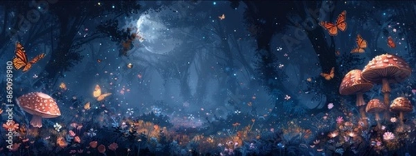 Fototapeta  A painting of mushrooms and butterflies in a forest under a full moon's glowing backdrop