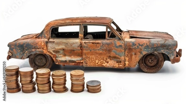 Fototapeta rusty old car wrecks and stack coins on white background. Concept of car wrecks and scraps of money