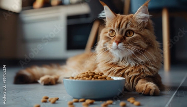 Obraz Ginger Cat Looking Away from its Food Bowl