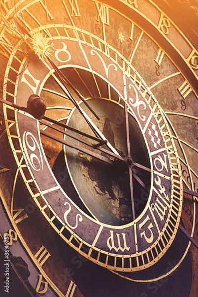 Fototapeta Prague Astronomical Clock with Sunlight Flare