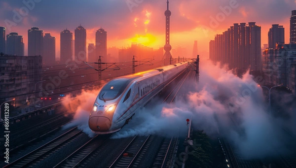 Obraz China's high-speed rail runs in a modern city at sunset