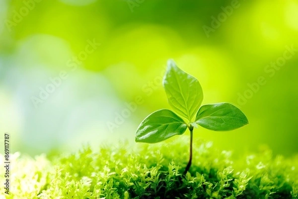 Fototapeta Background of plant sprouts on moss, symbol of environmental protection, eco-friendliness, greenery, and clean.