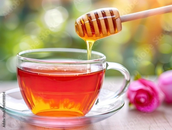 Fototapeta A close-up of honey being dripped into a glass cup of tea with pink flowers in the background on a sunny day.