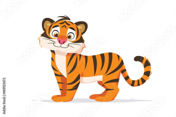 Fototapeta cute tiger cartoon posing, isolated on a white background. Cute tiger standing pose isolated on white background. Flat style funny vector illustration. Tiger character in flat style. 