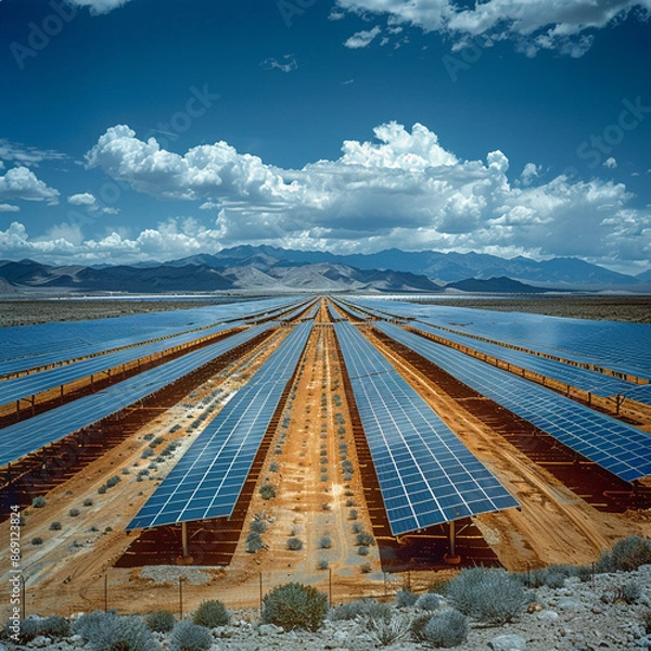 Fototapeta Expansive Solar Farm at Sunrise- A breathtaking view of a vast solar farm at sunrise, with rows of solar panels stretching into the distance.