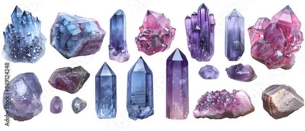 Fototapeta Ultra Realistic Tanzanite Crystals on a transparent background, mineral, gemstone, colorful gradient crystal stone chunks, png file, cut off bg, alpha channel, 300 dpi 