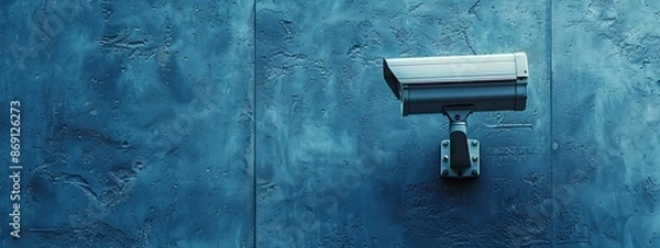 Fototapeta  A camera positioned against a blue wall, adorned with water droplets, and framed by another identical blue background