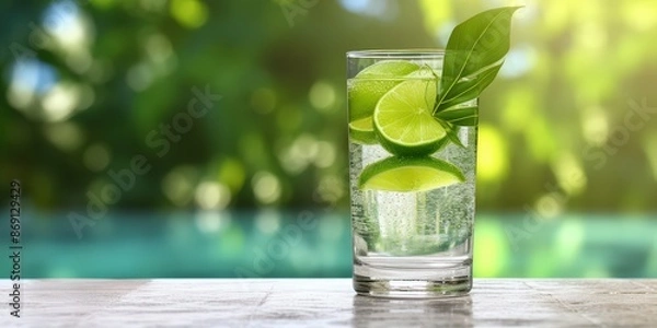 Fototapeta Refreshing Lime Drink in a Glass with a Green Background