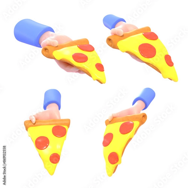 Fototapeta 3d render of hand holding pizza slice in various angles. Pizzeria or fast food icon
