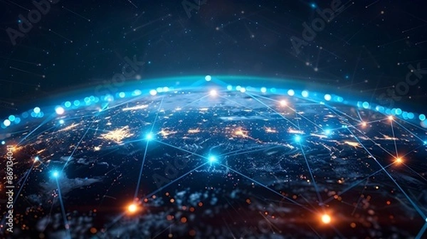 Fototapeta Glowing Digital World Globe Depicting Global Network Connectivity and High Speed Data Transfer