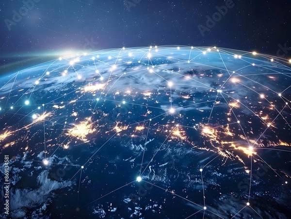 Obraz Digital World Globe Showcasing Global Network Connectivity and High Speed Cyber Technology for