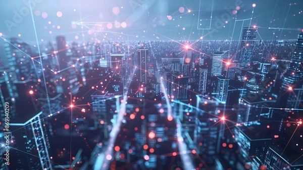 Fototapeta Technology connects smart cities and abstract dots through flowing lines, representing the interconnectedness of big data in modern urban environments.