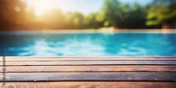 Fototapeta Wooden Deck overlooking a Swimming Pool