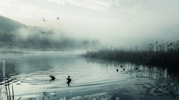 Fototapeta A foggy lake with a few birds flying over it