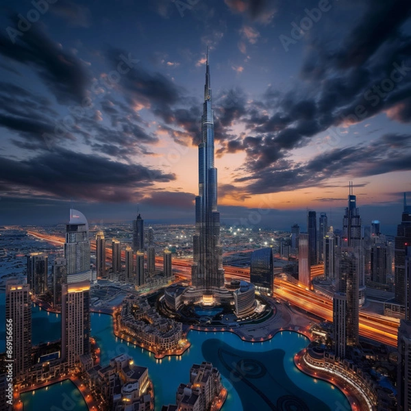 Fototapeta Dubai vibrant skyline at midnight