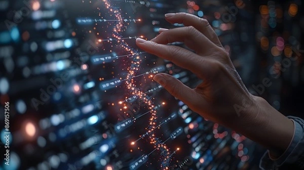 Fototapeta The Intricate Dance of Digital Data: A Human Hand Interacting with a Dynamic Stream of Glowing Particles in a Futuristic Technological Environment
