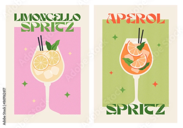 Fototapeta Poster drink set. Cocktail arts. Retro posters with alcohol cocktails. Aperol Spritz. Limoncello Spritz. 90s 80s 70s groovy posters. Modern trendy print. Drink with fruit and ice.