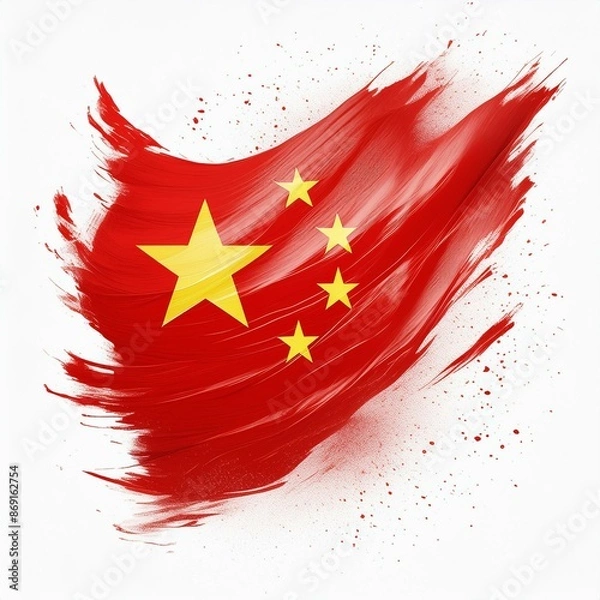 Fototapeta Abstract China flag with paint brush strokes, isolated on a white or transparent background in PNG format.