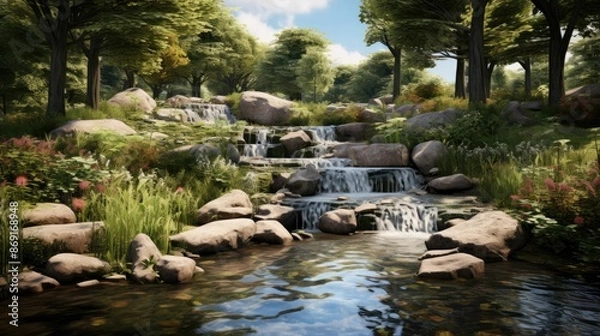 Fototapeta A beautiful landscape with a waterfall and a river running through a forest. The water is crystal clear and the rocks are covered in moss.