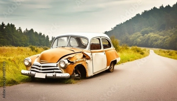Fototapeta old damaged vintage style car standing at the side of the road