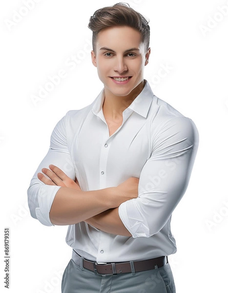 Obraz A portrait of a confident young man smiling at the camera with his arms folded. He exudes happiness and success, isolated on a white or transparent background in PNG format.