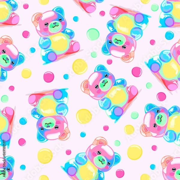 Fototapeta Vector seamless pattern with colorful gummy bears on light pink background
