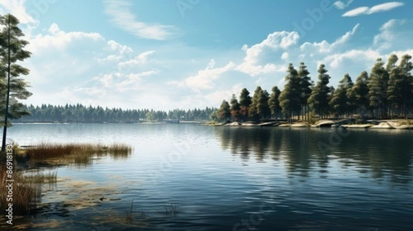 Obraz The image is of a beautiful lake in the summer. The water is calm and clear, and the sky is blue with a few white clouds.