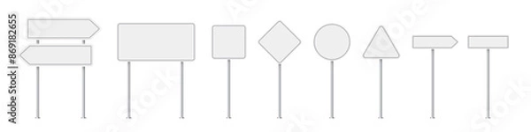 Obraz Road traffic signs of different shapes on metal poles vector illustration set. 3d realistic white blank street signboards. Isolated empty roadside signposts to notice information, danger, guide