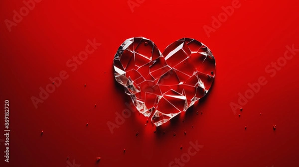 Fototapeta Glass broken heart. Shiny heart with cracks isolated on a red background. Relationship issues, heartbreak, lost love or betrayal concept. Valentine's Day theme.