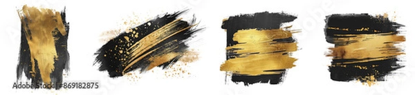 Obraz Set of gold and black watercolor splashes brush strokes, Elements with golden art acrylic banner poster cover page design background template collection, isolated on white background, png