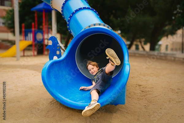 Fototapeta Happy Child Playing on Blue Slide in Playground