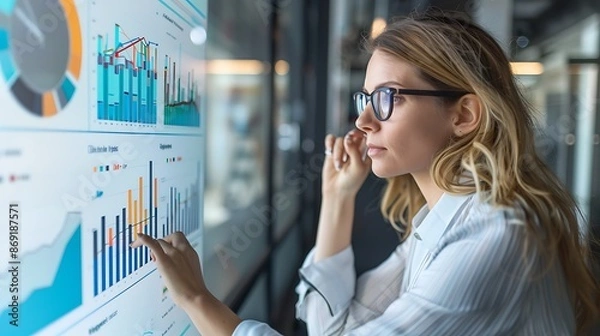 Fototapeta Businesswoman Analyzing Data on Interactive Screen