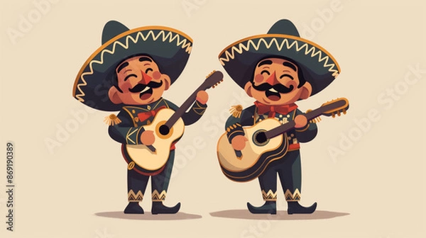 Obraz Two Mexican mariachi doll playing guitar. Two men dressed in sombreros and playing guitars. Scene is festive and lively