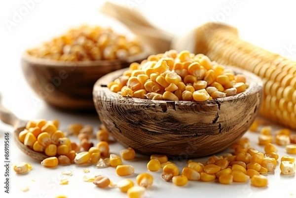 Fototapeta Corn Kernels in Wooden Containers on White Background